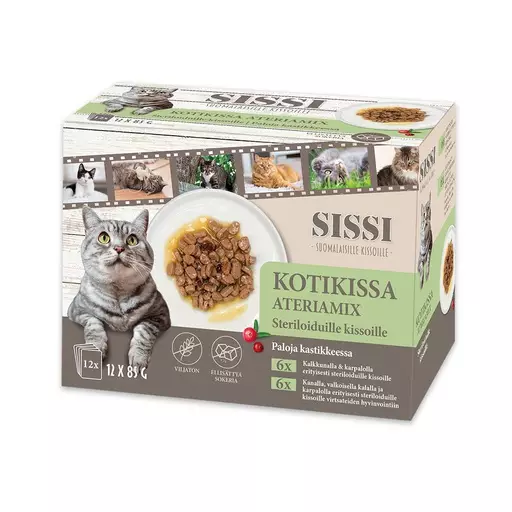Kotikissa Sissi Ateriamix Steriloiduille kissoille, paloja kastikkeessa 12 x 85 g - Koiran märkäruoat - 30242 - 1